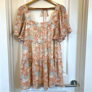 Floral Peach Tiered Mini Dress with Flutter Sleeves